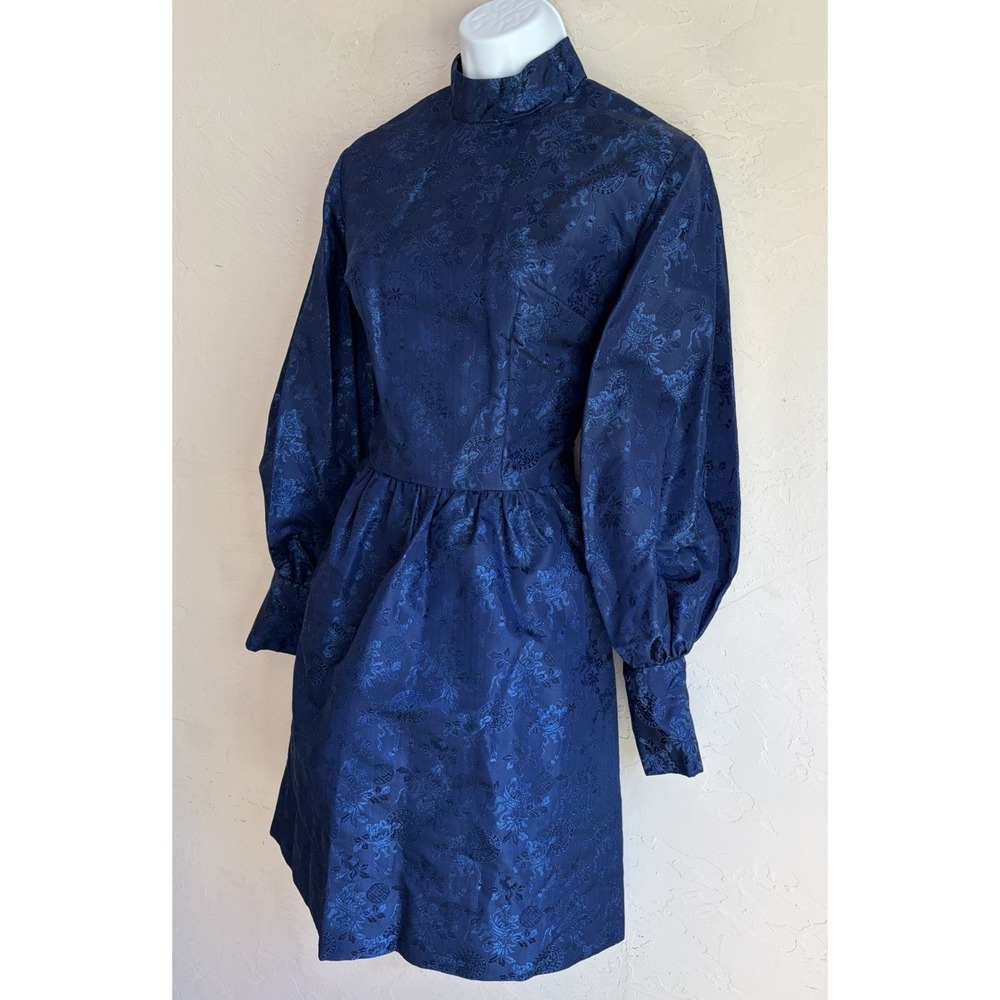 Vintage 60s 70s Handmade Navy Brocade Mini Dress XS S Gothic Victorian Regency - Picture 2 of 14